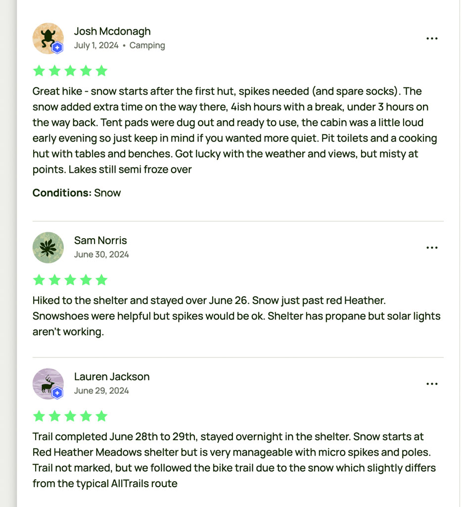 A screen shot of trail conditions reports from All Trails