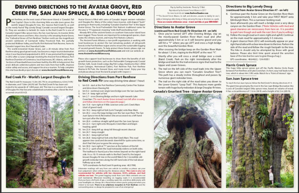 Driving directions to Avatar Grove, Big Lonely Doug and more from the Ancient Forest Alliance. Visit Big Lonely Doug, Avatar Grove and the other big trees near Port Renfrew, British Columbia.