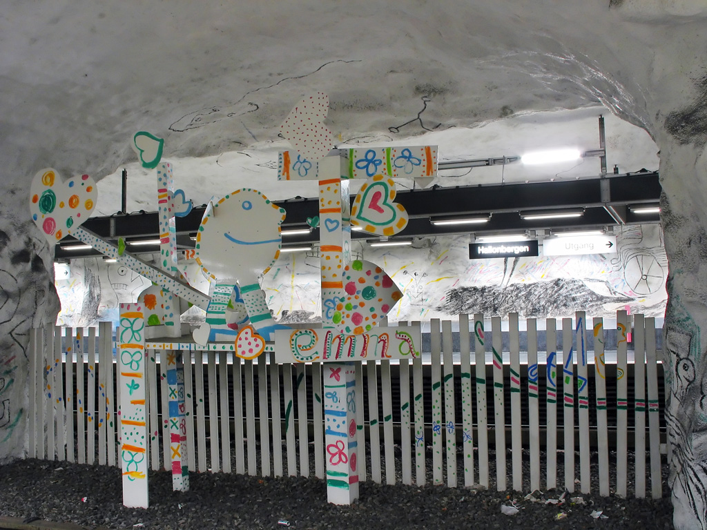 Art at Hallonbergen Station on the Stockholm subway. Find out how to visit this station and 11 others on a self-guided tour of Stockholm subway art.