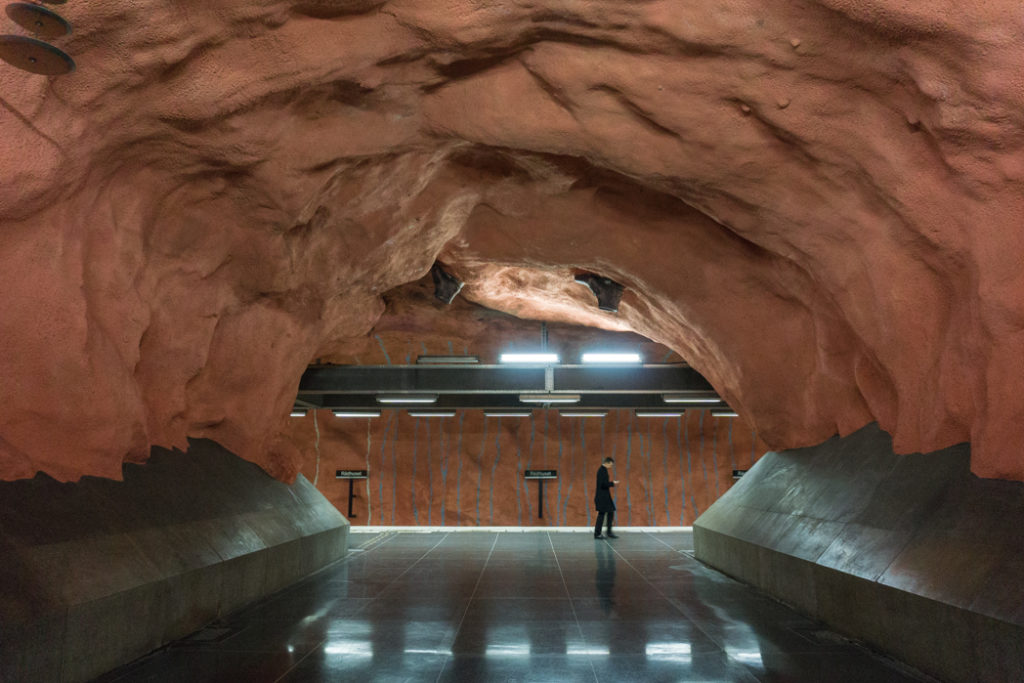 Art at Radhuset Station on the Stockholm subway. Find out how to visit this station and 11 others on a self-guided tour of Stockholm subway art.