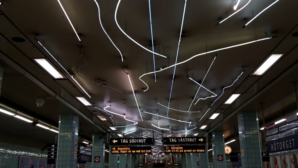 Art at Hotorget Station on the Stockholm subway. Find out how to visit this station and 11 others on a self-guided tour of Stockholm subway art.