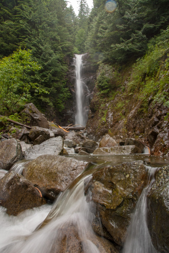 Norvan Falls in Lynn Headwaters Regional Park in North Vancouver. Just one of over 40 waterfalls near Vancouver you can hike to.