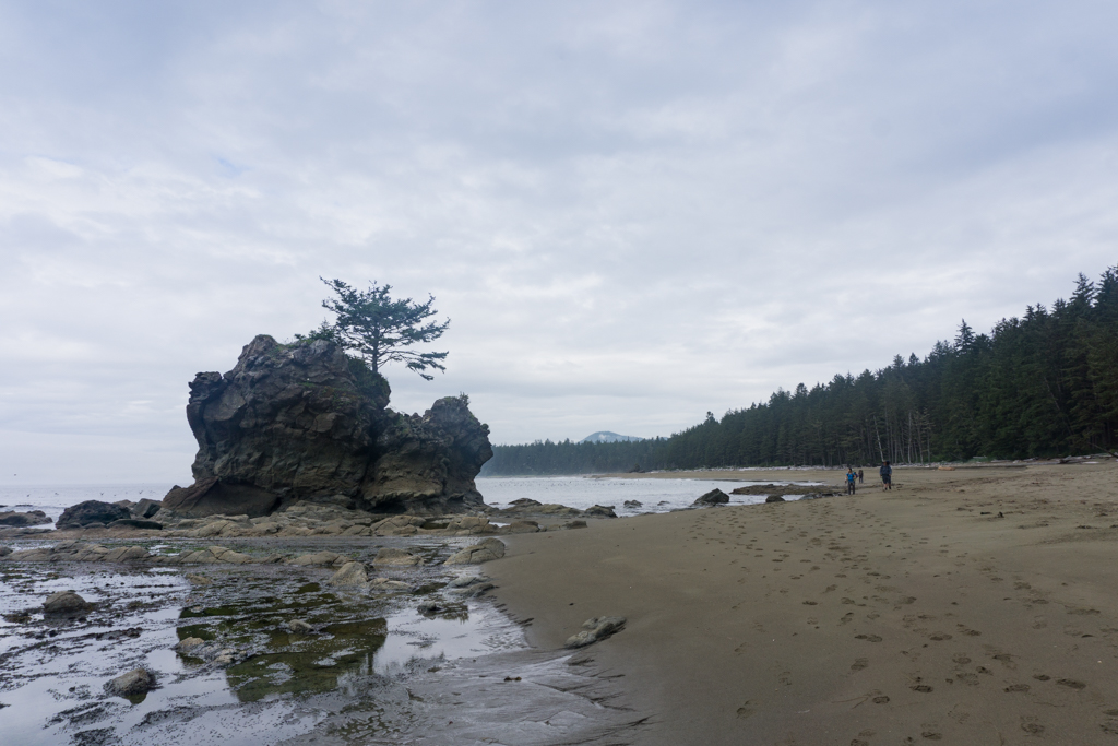 Hikers walk past a sea stack on the West Coast Trail