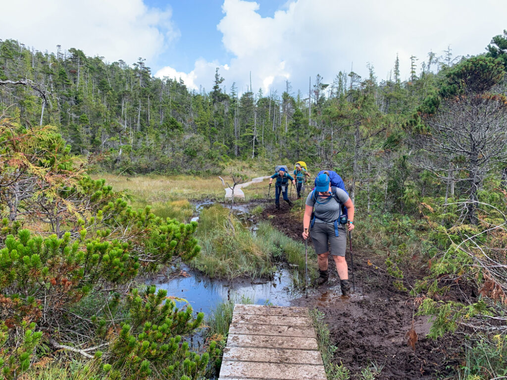 Hikers in the mud on the North Coast Trail