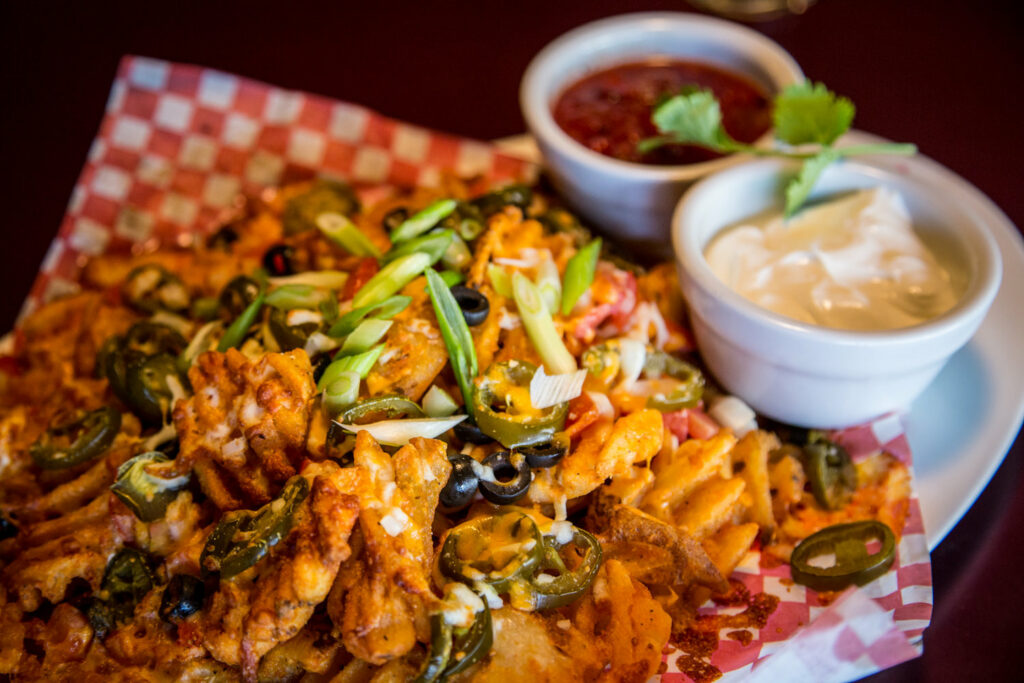 A table of pub food at the Rose and Crown in Canmore