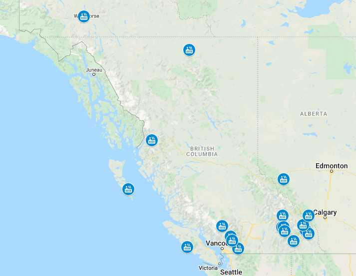 Hot springs in Canada Google Map