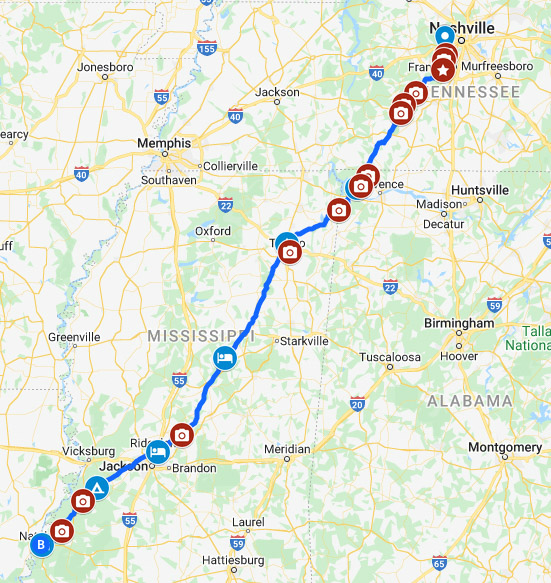 Cycling the Natchez Trace Google Map