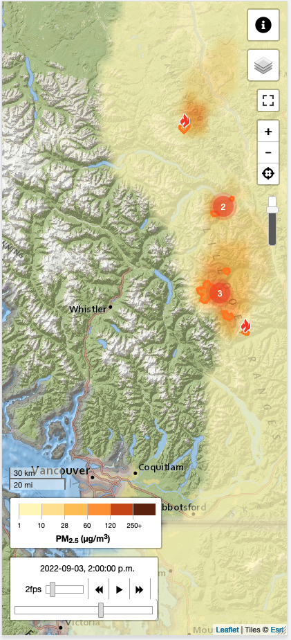 A screenshot from FireSmoke showing the smoke forecast. Checking for smoke is a key tip for safe hiking in wildfire season