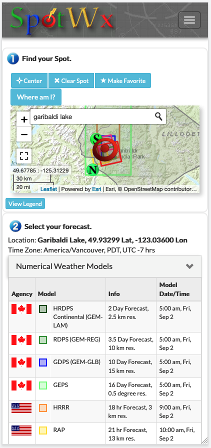 A screen shot of Spotwx, a great weather website for hikers.