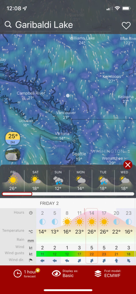 Screenshot from Windy, one of the best weather apps for hikers