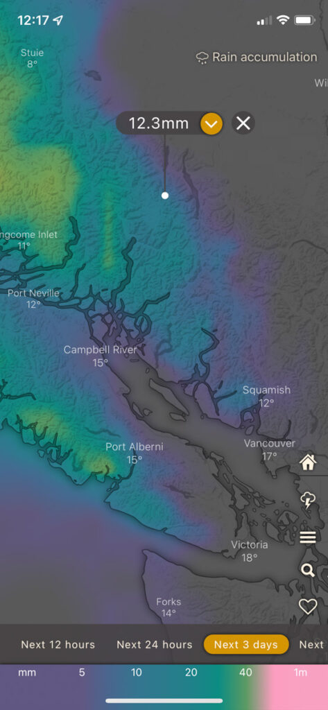 Screen shot from the Windy weather app