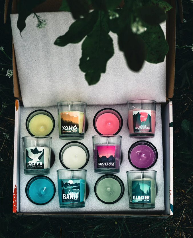 A set of 12 candles in a box. Each one is themed after a different Canadian National Park. Made by Canada Untamed on Etsy. A great Canadian National Parks gift ideas.