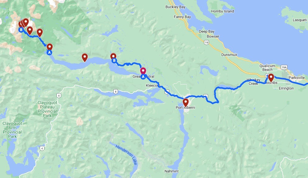 Google map of Della Falls Trail and the route to the trailhead.