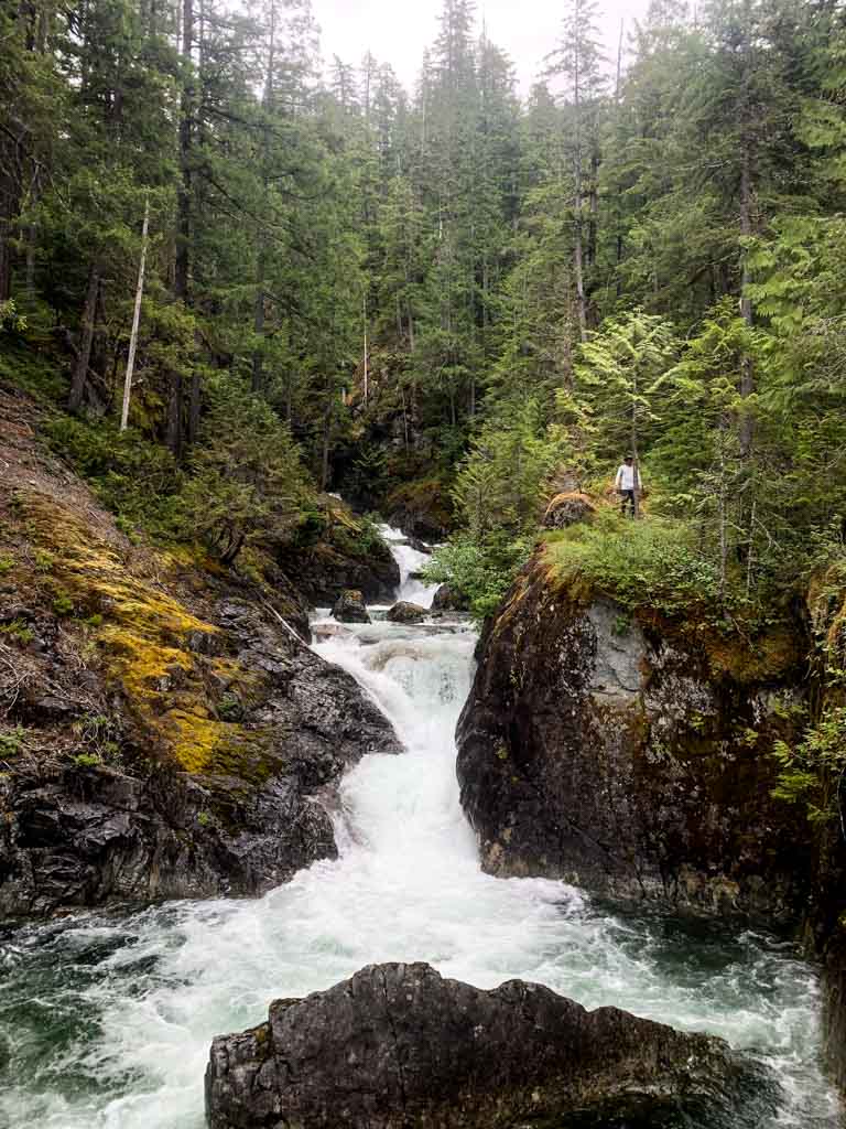 A waterfall in a rocky canyon at Margaret Creek on the Della Falls Trail