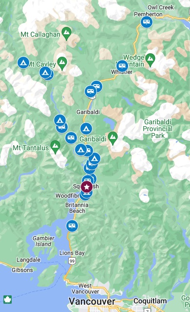 map of camping near Squamish