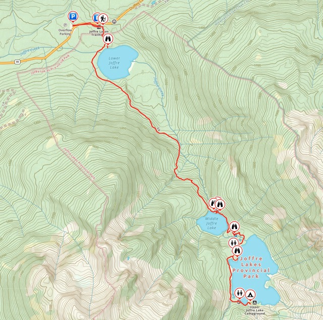 Trail map for Joffre Lakes hike