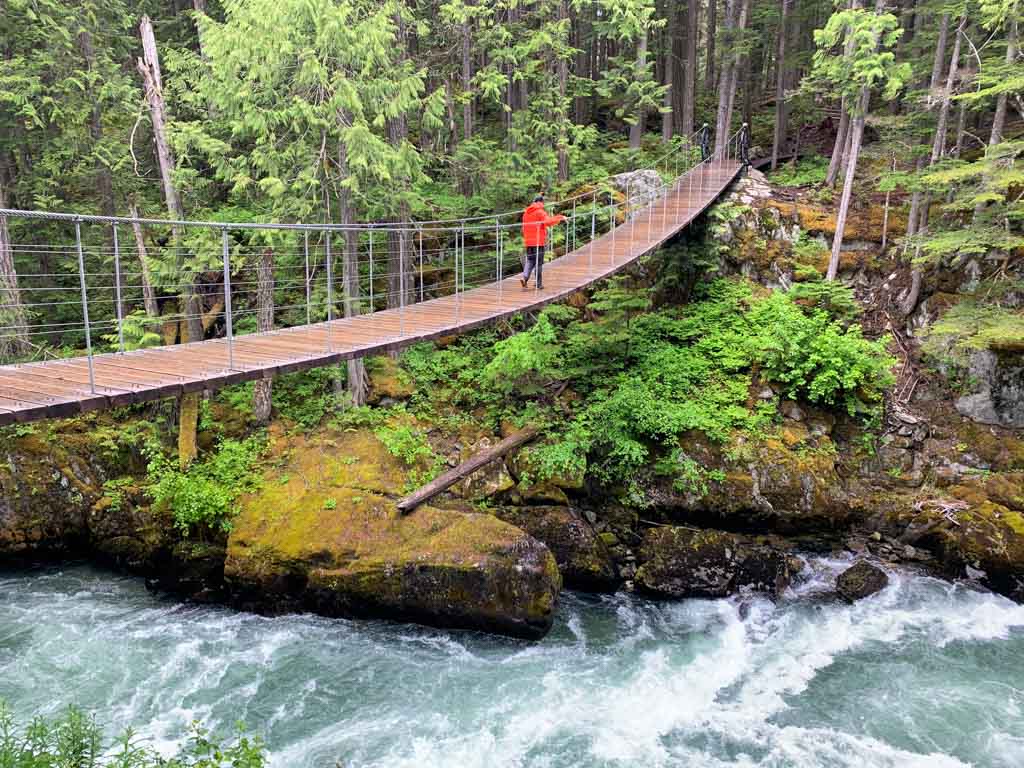 Crossing the suspension bridge to the Whistler Train Wreck