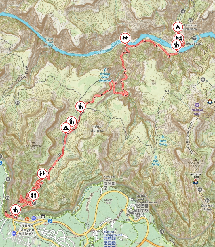 Map of the Bright Angel Trail in the Grand Canyon