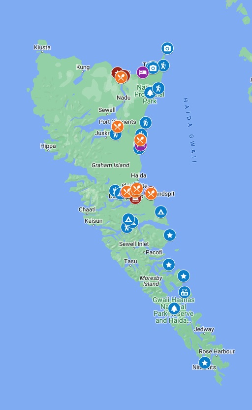 Map of Haida Gwaii showing towns, ferry terminals, and things to do