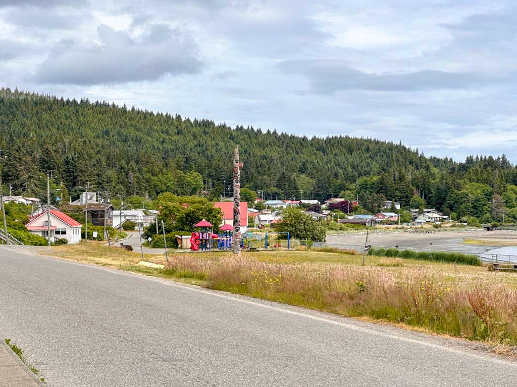 Memorial pole in a park in Skidegate, BC