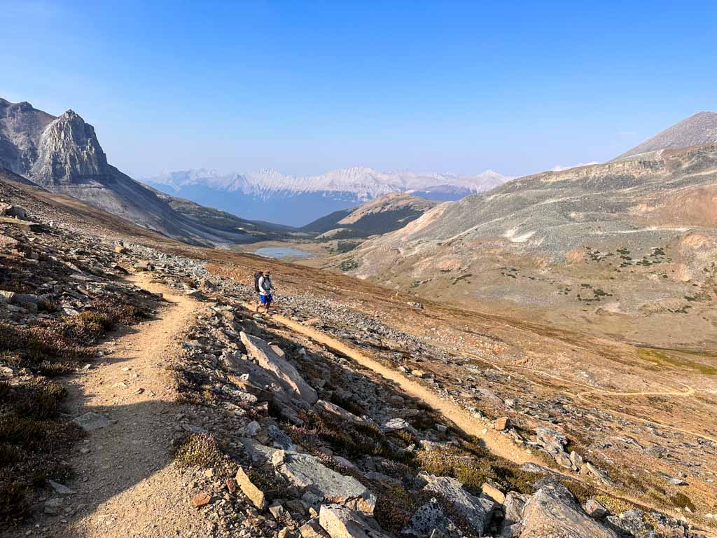 A hiker rounds a switchback on the Skyline Trail in Jasper