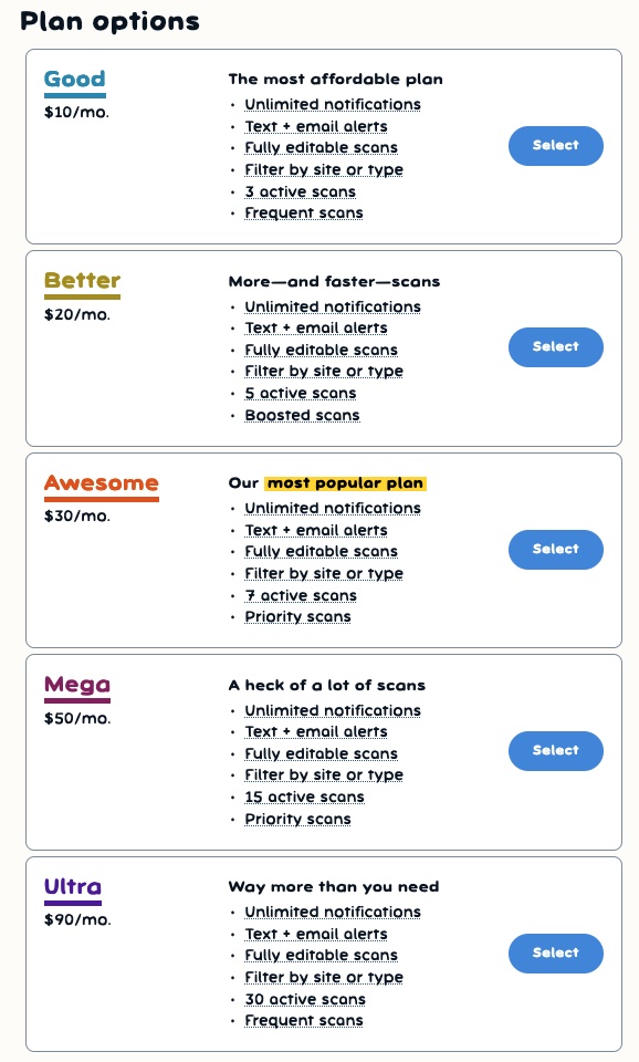 Monthly pricing plans from Campnab