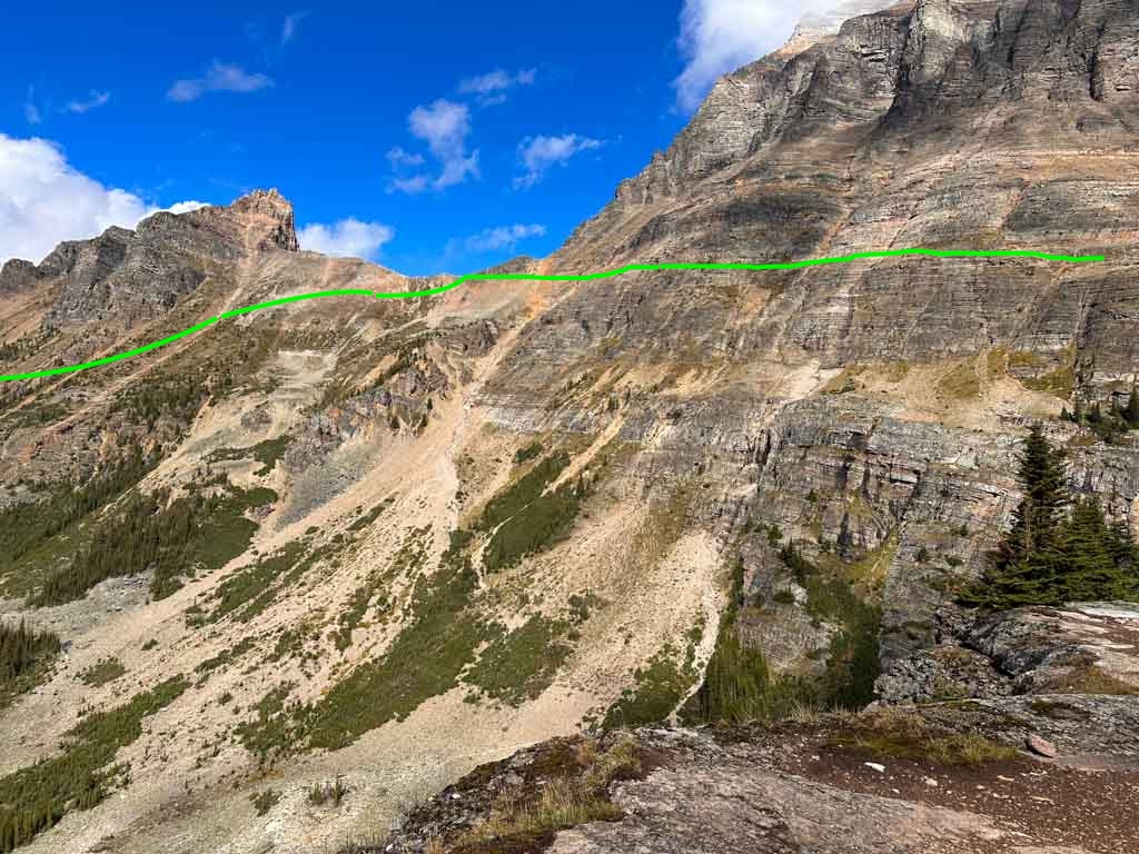 View of the Huber Ledges with a line drawn to show the trail