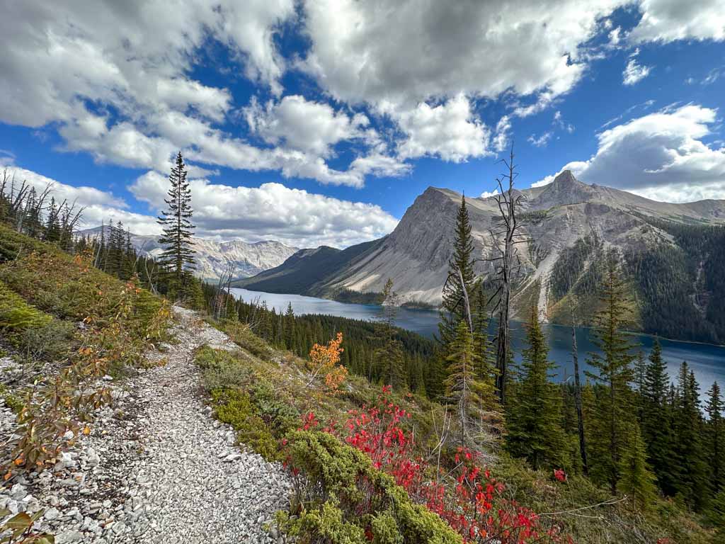 The gravel trail high above Marvel Lake in Banff National Park
