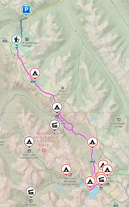 Mount Assiniboine Trail map showing the route from Sunshine/Citadel Pass to Lake Magog