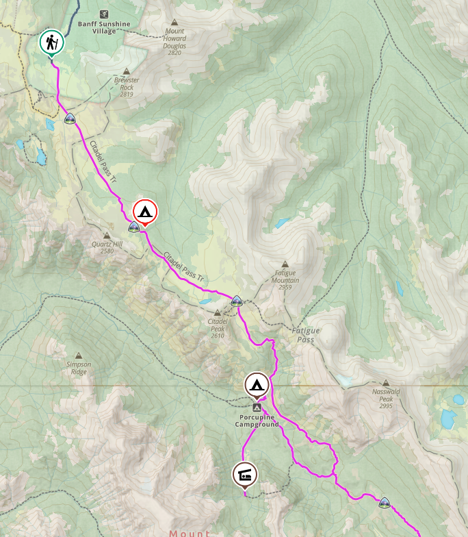 Map showing the locations of campgrounds along the Sunshine/Citadel Pass route to Lake Magog