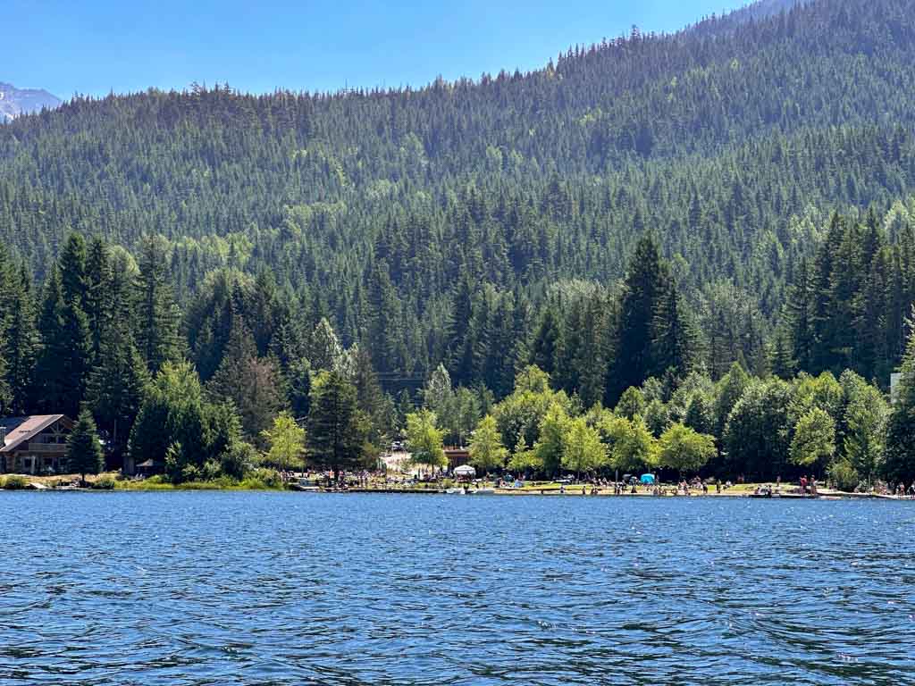 Lakeside Park in Whistler seen from a canoe on Alta Lake