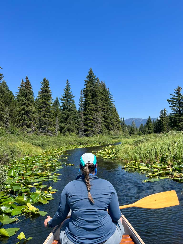 A woman paddles a canoe through a narrow stream on the River of Golden Dreams in Whistler, BC in summer.