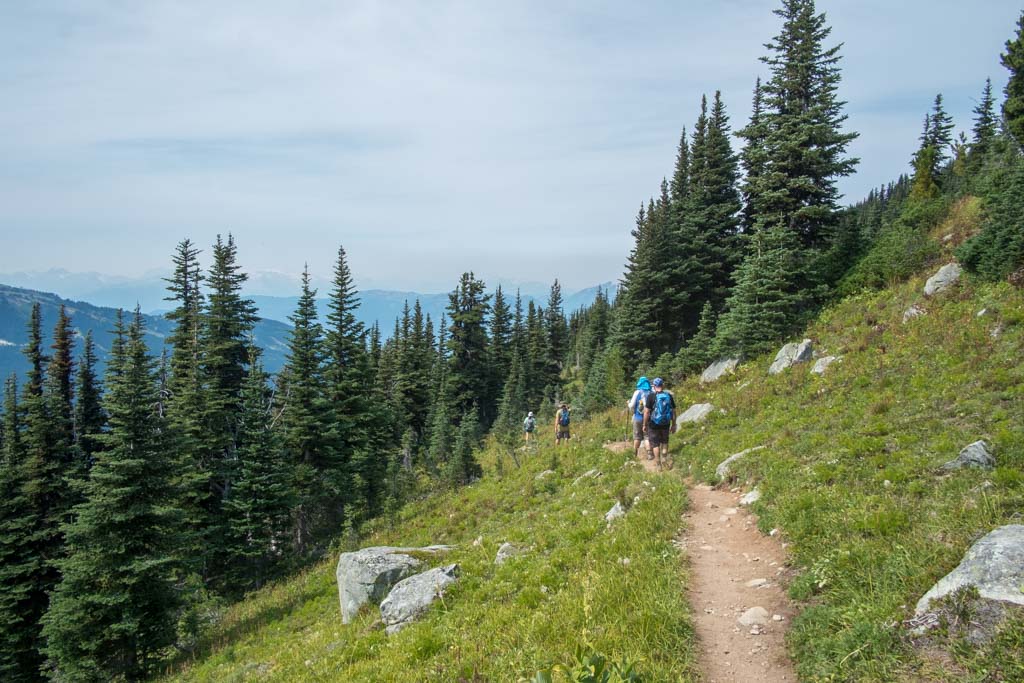 Hikers in an alpine meadow on the Blackcomb Trails at Whistler
