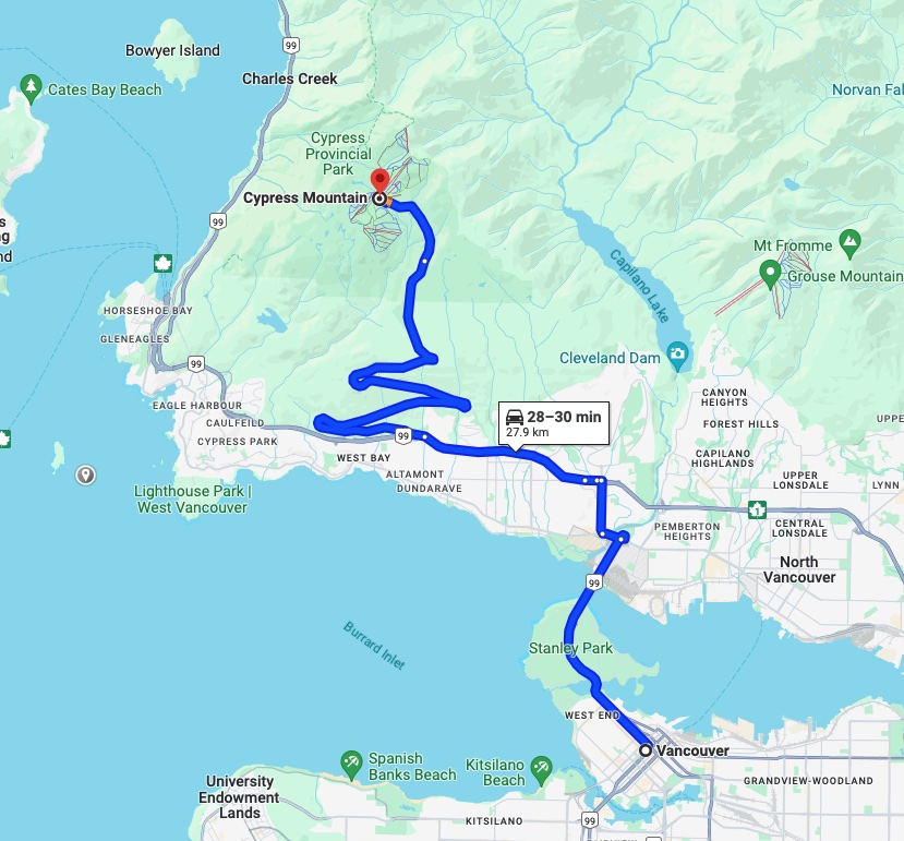 Google Map showing driving directions from Vancouver to the trailhead for the St. Mark's Summit hike