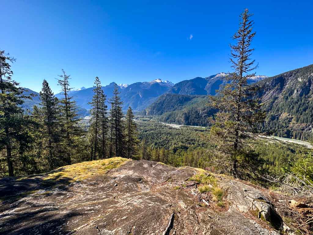 Looking down to the Squamish River Valley from a rocky bluff on the High Falls Creek Trail