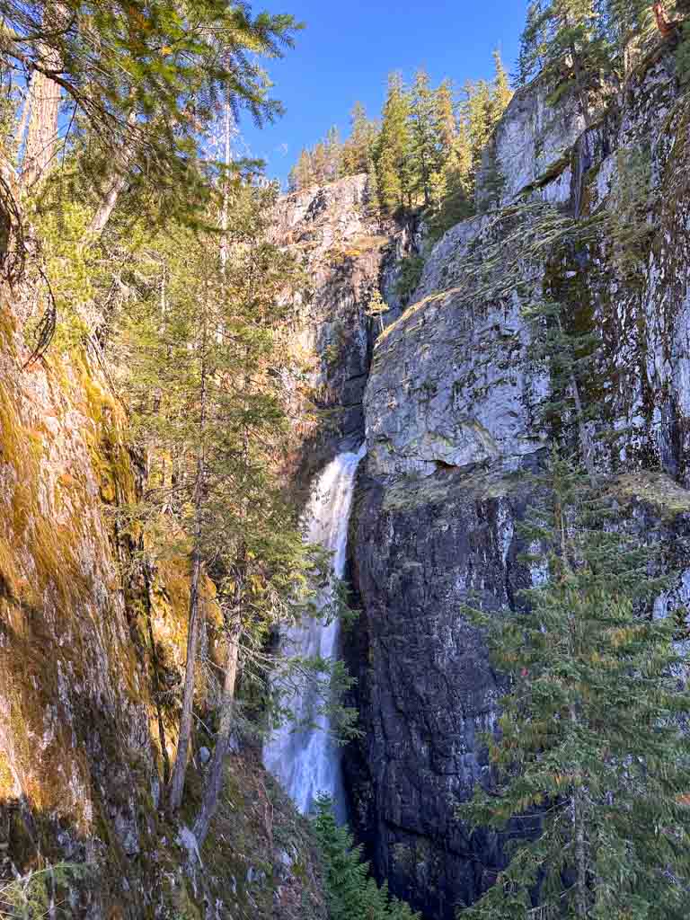 Looking upstream in a canyon at the waterfall at High Falls Creek in Squamish