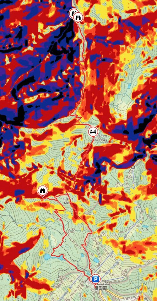 Map showing the avalanche hazard on the St Mark's Summit Trail near Vancouver. The map is colour coded to show areas with more potential hazard. 