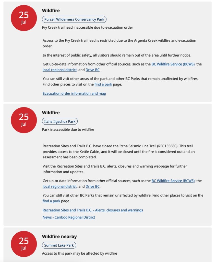 Screenshot showing BC Parks wildfire advisories