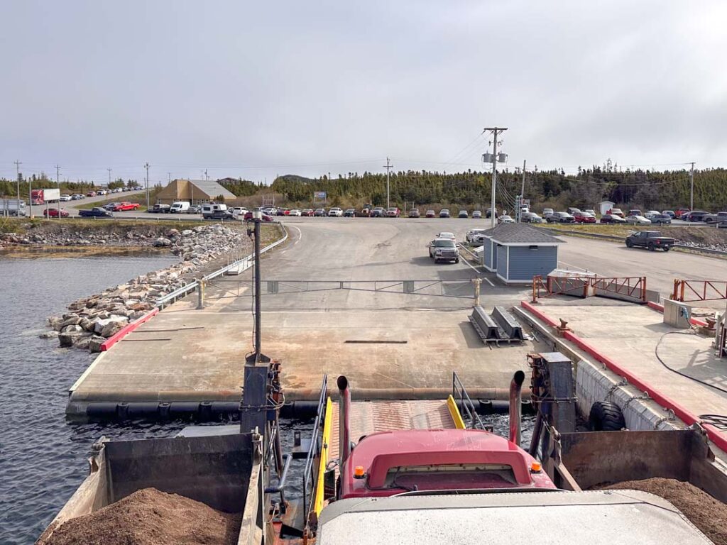 A ferry pulls in to the Stag Harbour Ferry Terminal on Fogo Island.