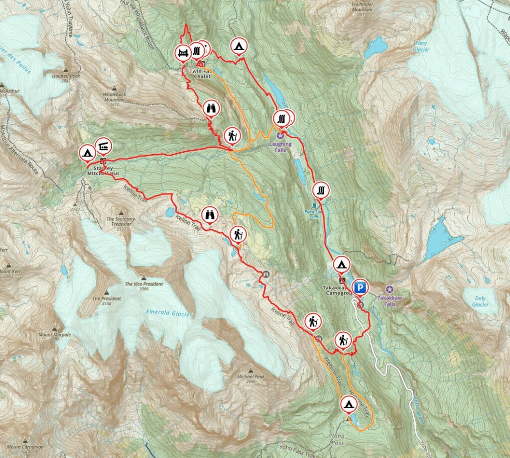 Map of the Yoho Valley Loop including the Iceline and Whaleback Trails