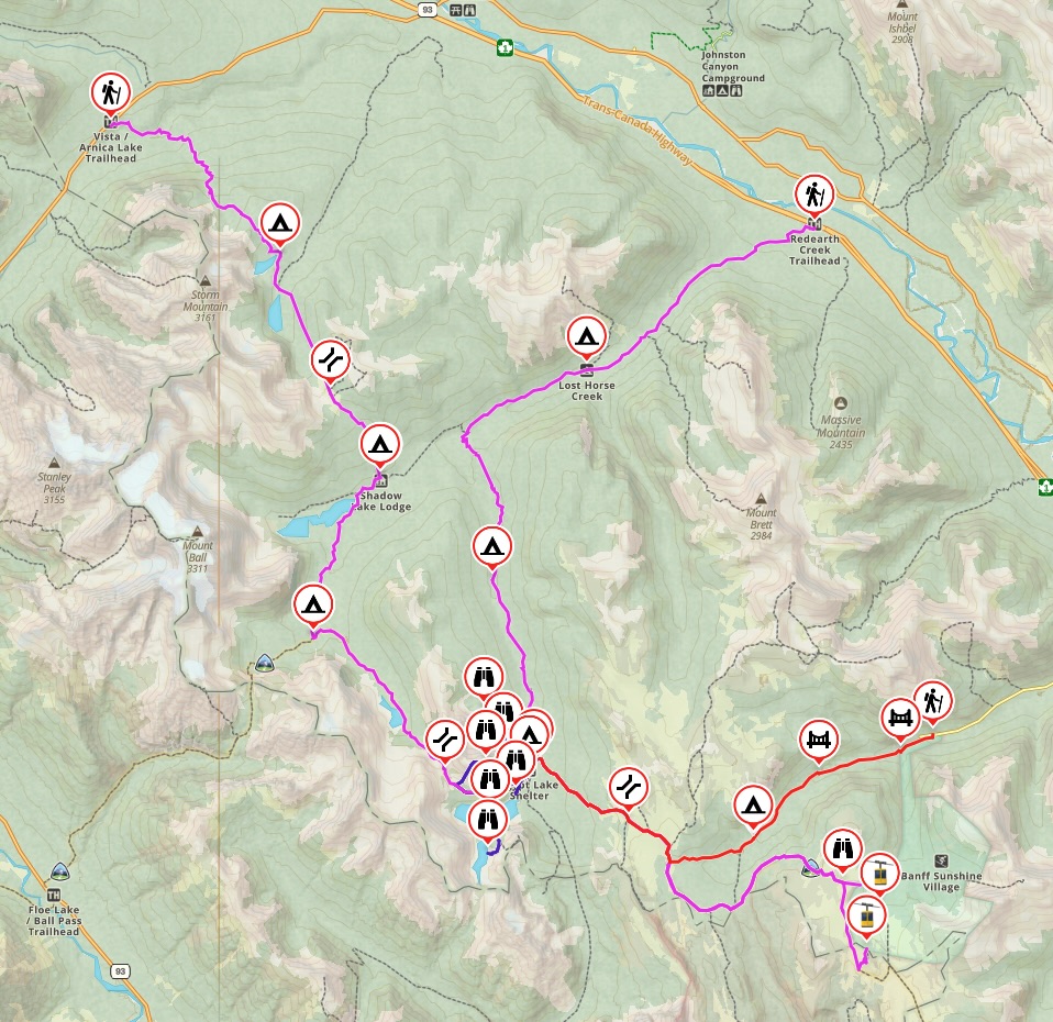 Map showing alternate routes to Egypt Lake (via Arnica Lake and Red Earth Creek)