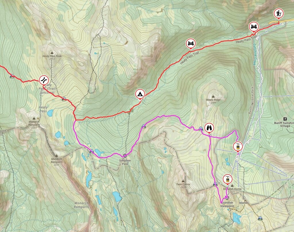Map showing the trail from Sunshine Village to Egypt Lake