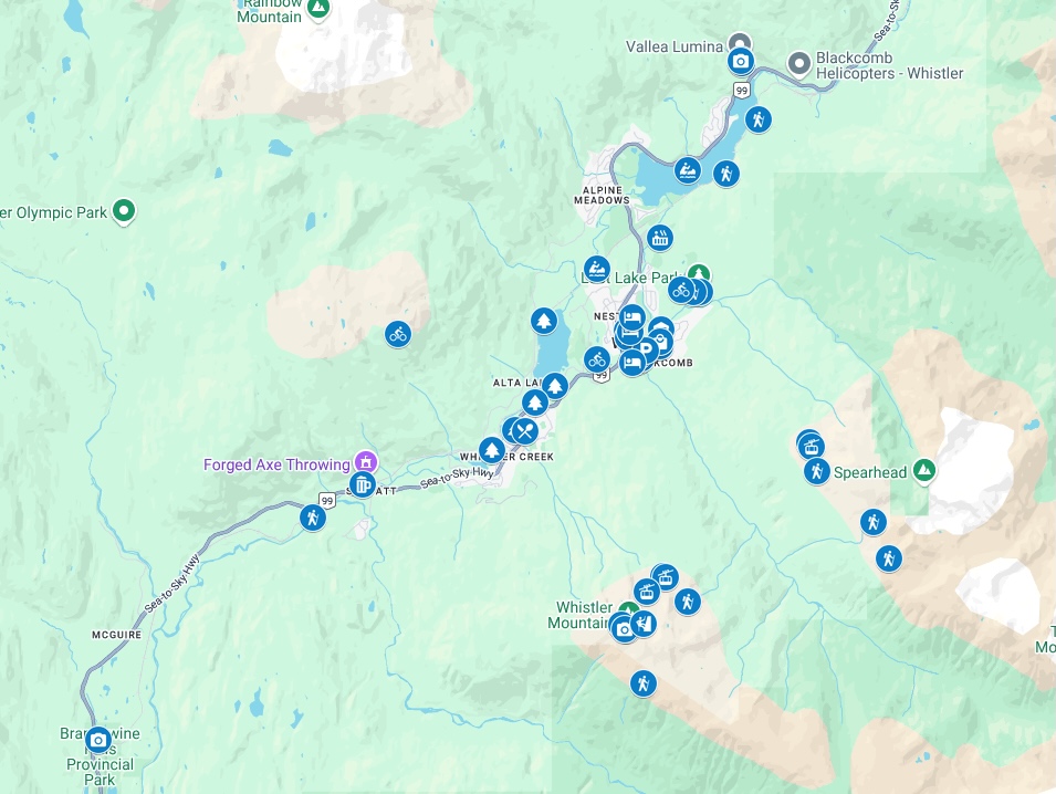 Map showing things to do in Whistler in summer