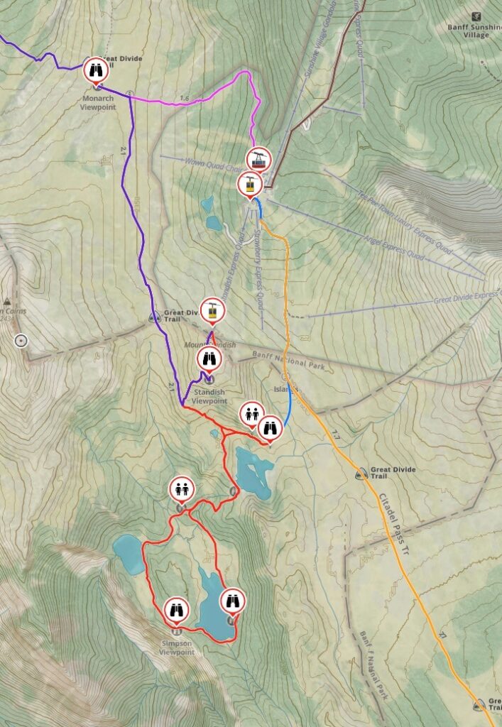 Map of hiking trails at Sunshine Meadows