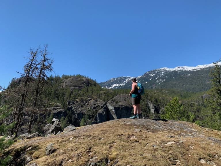 A hiker looks at the mountain views in Cheakamus Canyon