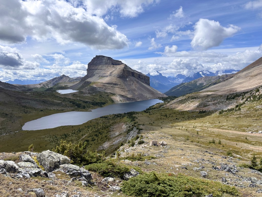 Looking down to Ptarmigan Lake from Packer's Pass.