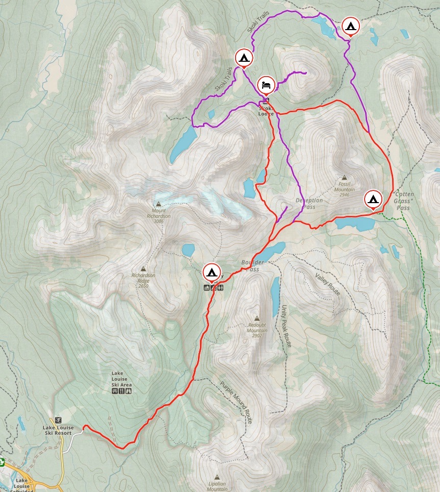 Map of the Skoki Loop trail in Banff National Park