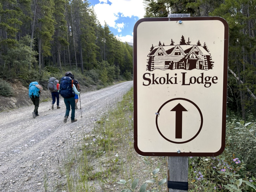 Sign for Skoki Lodge along the road near Lake Louise ski hill