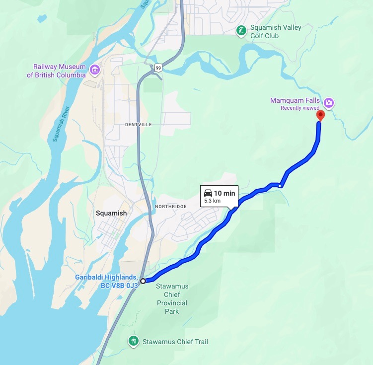Google maps showing the driving directions to Squamish Canyon