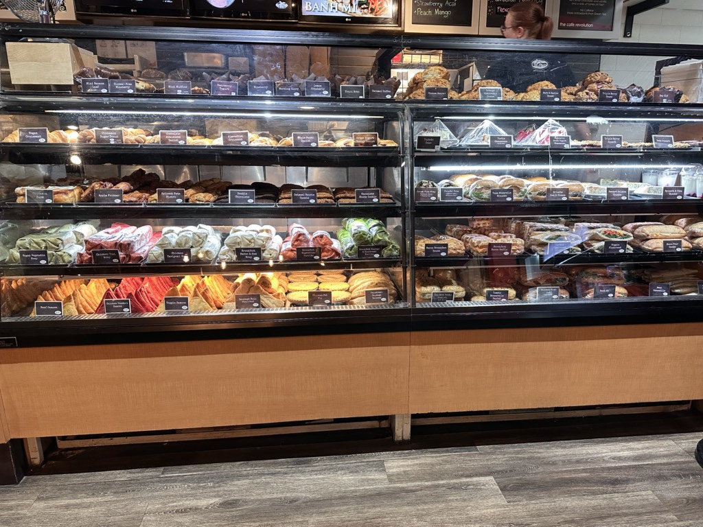 A glass case full of pastry and sandwiches at Blue Moose in Hope